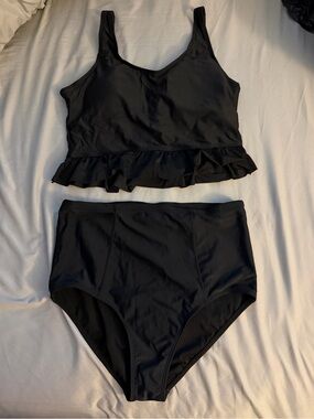 Old Navy Black Ruffle Tankini Top and High-Waist Bikini Bottoms